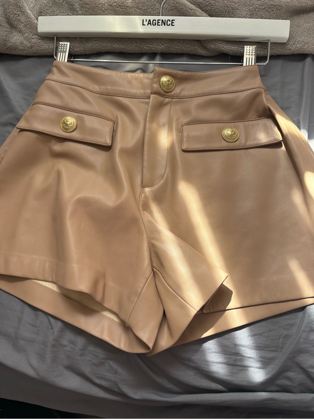 L'AGENCE Camel Faux Leather High-Waist Shorts with Gold Buttons